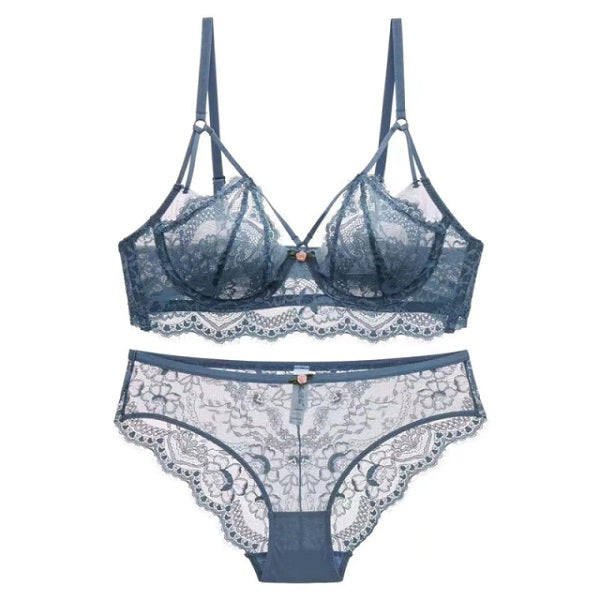 Push Up Brassiere Embroidery Lace Underwear Set Transparent Panties